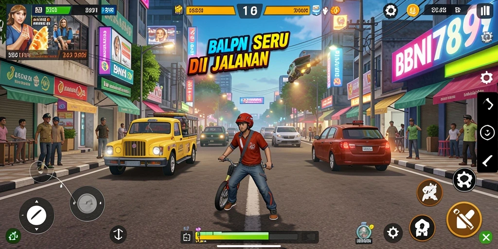Tampilan gameplay BNI789 dengan mobil balap melaju kencang di sirkuit.