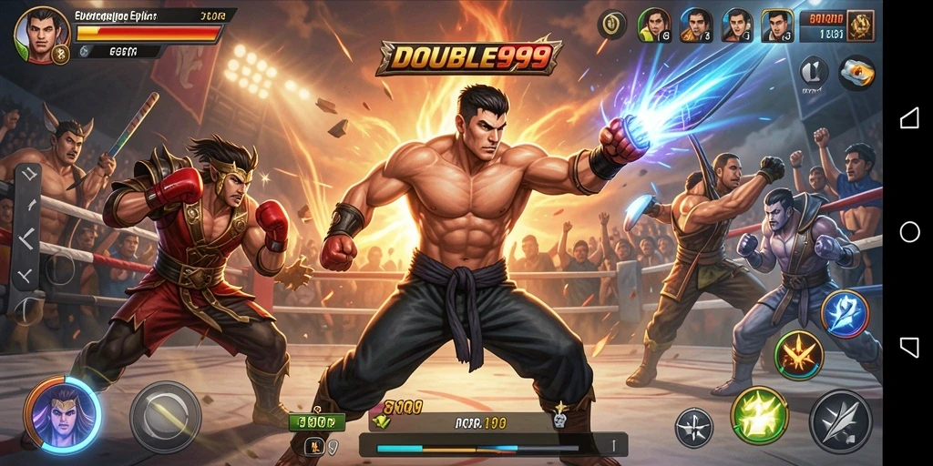 Tampilan aksi seru dalam <strong>DOUBLE999</strong> saat pertarungan antara karakter.