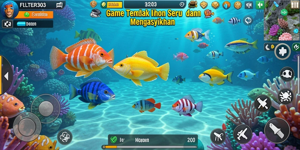 Screenshot menunjukkan aksi menembak ikan yang menegangkan dalam FILTER303.