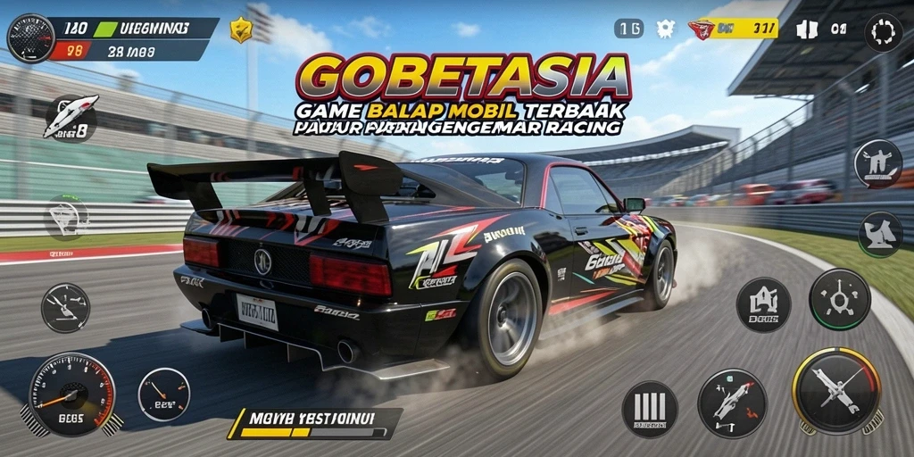 Screenshot utama GOBETASIA menunjukkan aksi balap yang mendebarkan di lintasan yang menarik.