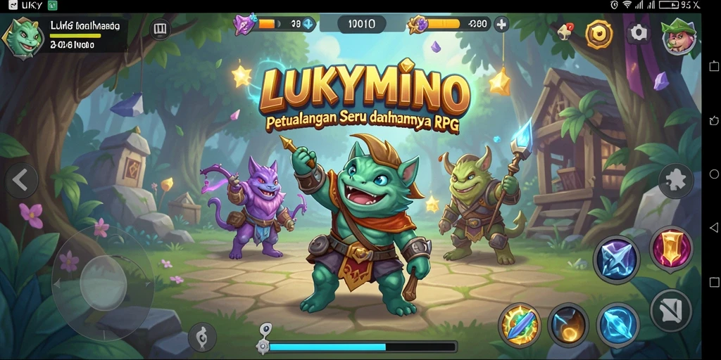 Screenshot gameplay LUKYMINO menampilkan pertarungan yang mendebarkan dan karakter unik.