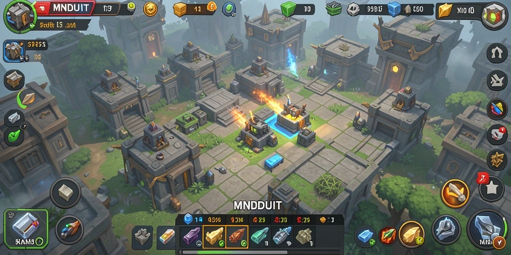 Tampilan screenshot gameplay MNDUIT dengan aksi menara dalam Tower Defense.