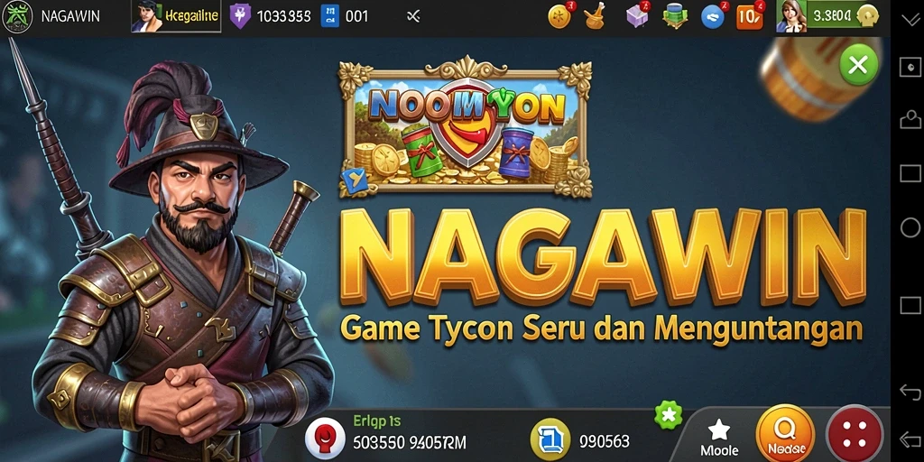 Screenshot gameplay NAGAWIN yang menunjukkan pembangunan kerajaan bisnis.