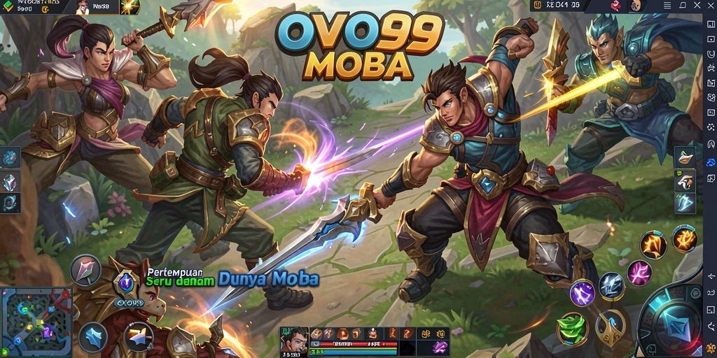 Screenshot OVO99 menampilkan pertempuran epik dalam mode MOBA.