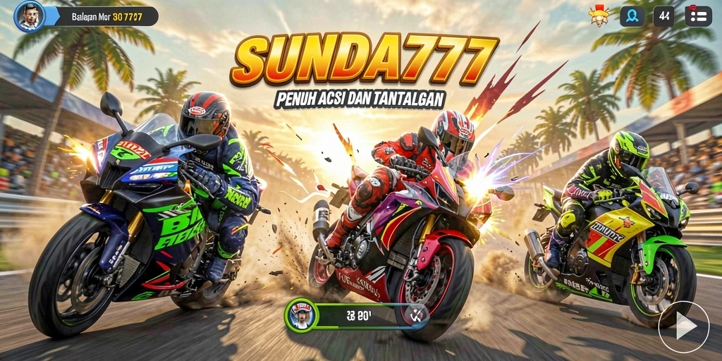 Tampilan utama SUNDA777 dengan aksi balap motor yang mendebarkan.