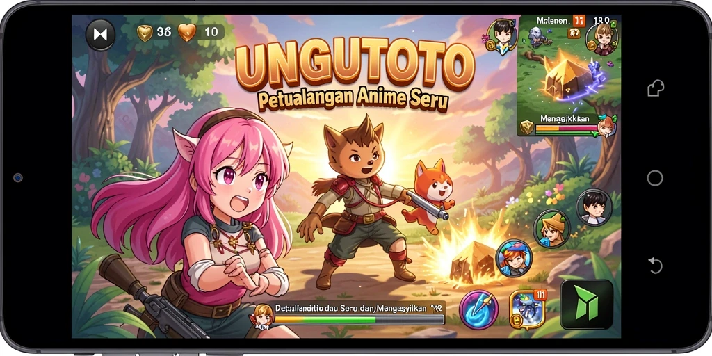 Tampilan gameplay UNGUTOTO yang menakjubkan dengan karakter anime.