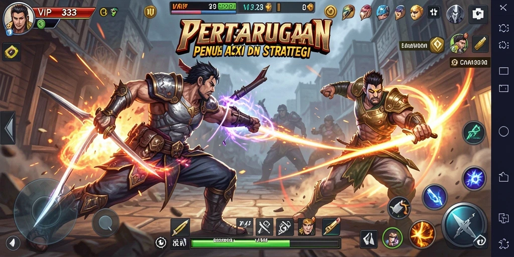 Tangkapan layar utama menunjukkan aksi pertarungan sengit dengan karakter yang berwarna-warni.